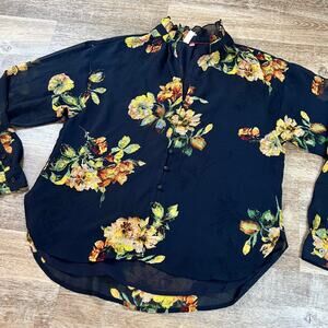 Pilcro Anthropologie Tavi Buttondown Blouse Floral Black Date Night Nice Sheer